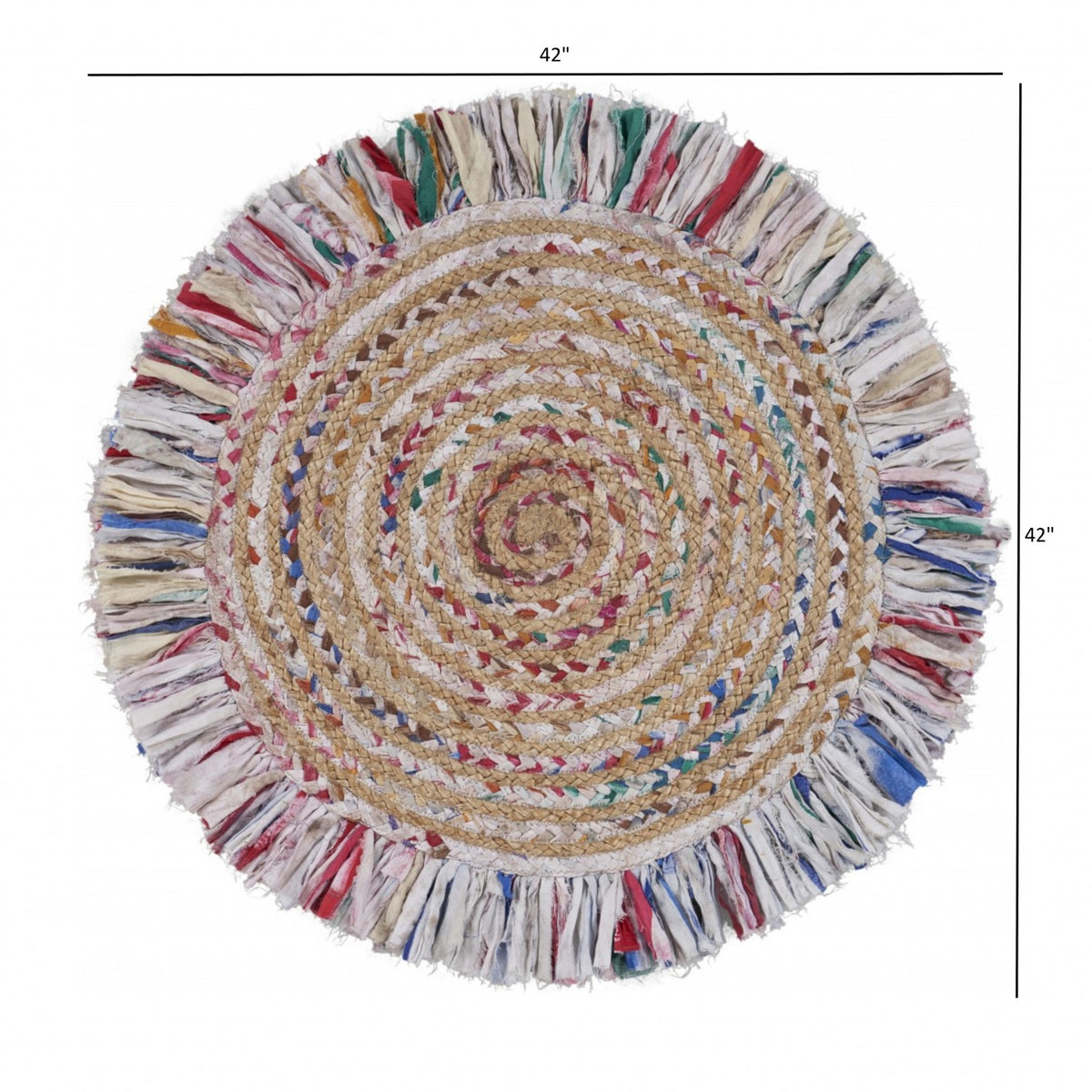 Bleached Multicolored Chindi And Natural Jute Fringed Round Rug
