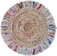 Bleached Multicolored Chindi And Natural Jute Fringed Round Rug