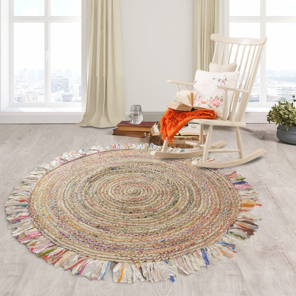 Bleached Multicolored Chindi And Natural Jute Fringed Round Rug