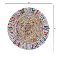 Bleached Multicolored Chindi And Natural Jute Fringed Round Rug