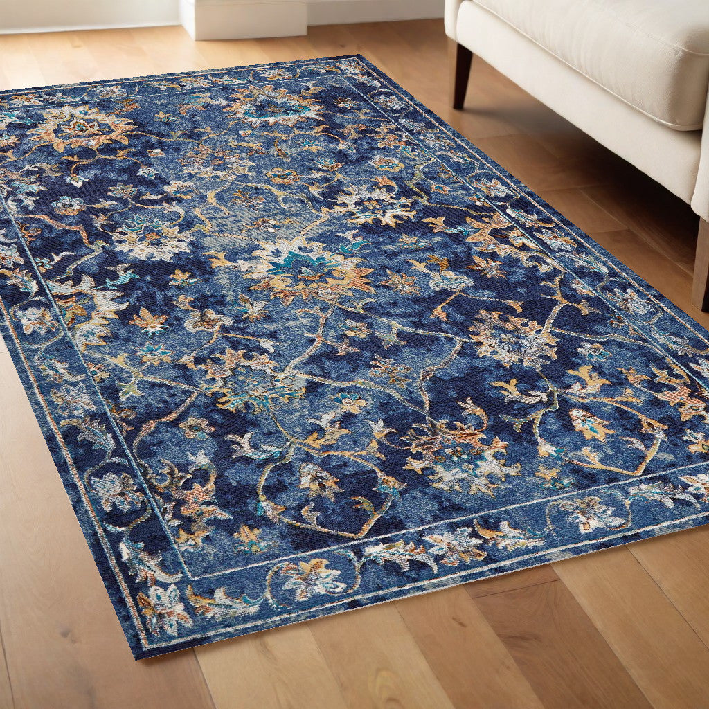 4' X 6' Blue and Gold Jacobean Area Rug