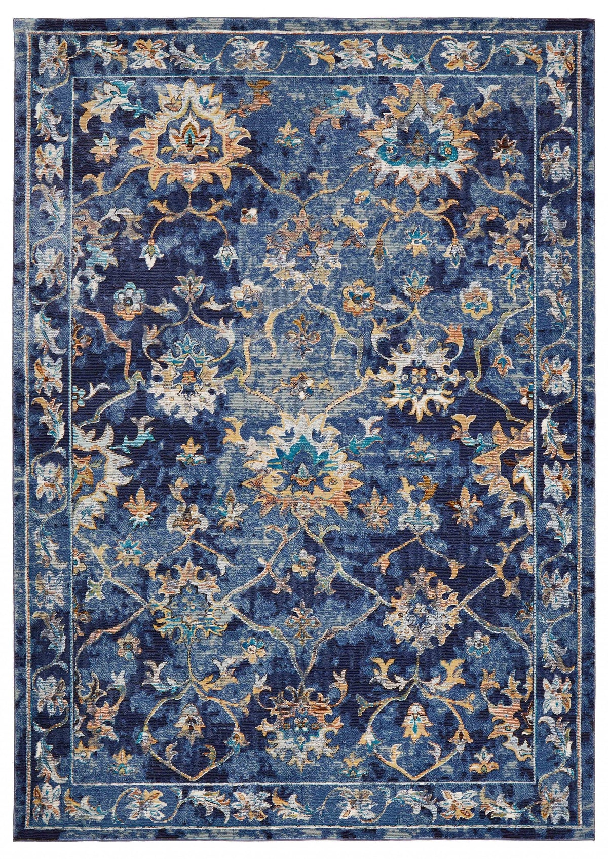 4' X 6' Blue and Gold Jacobean Area Rug