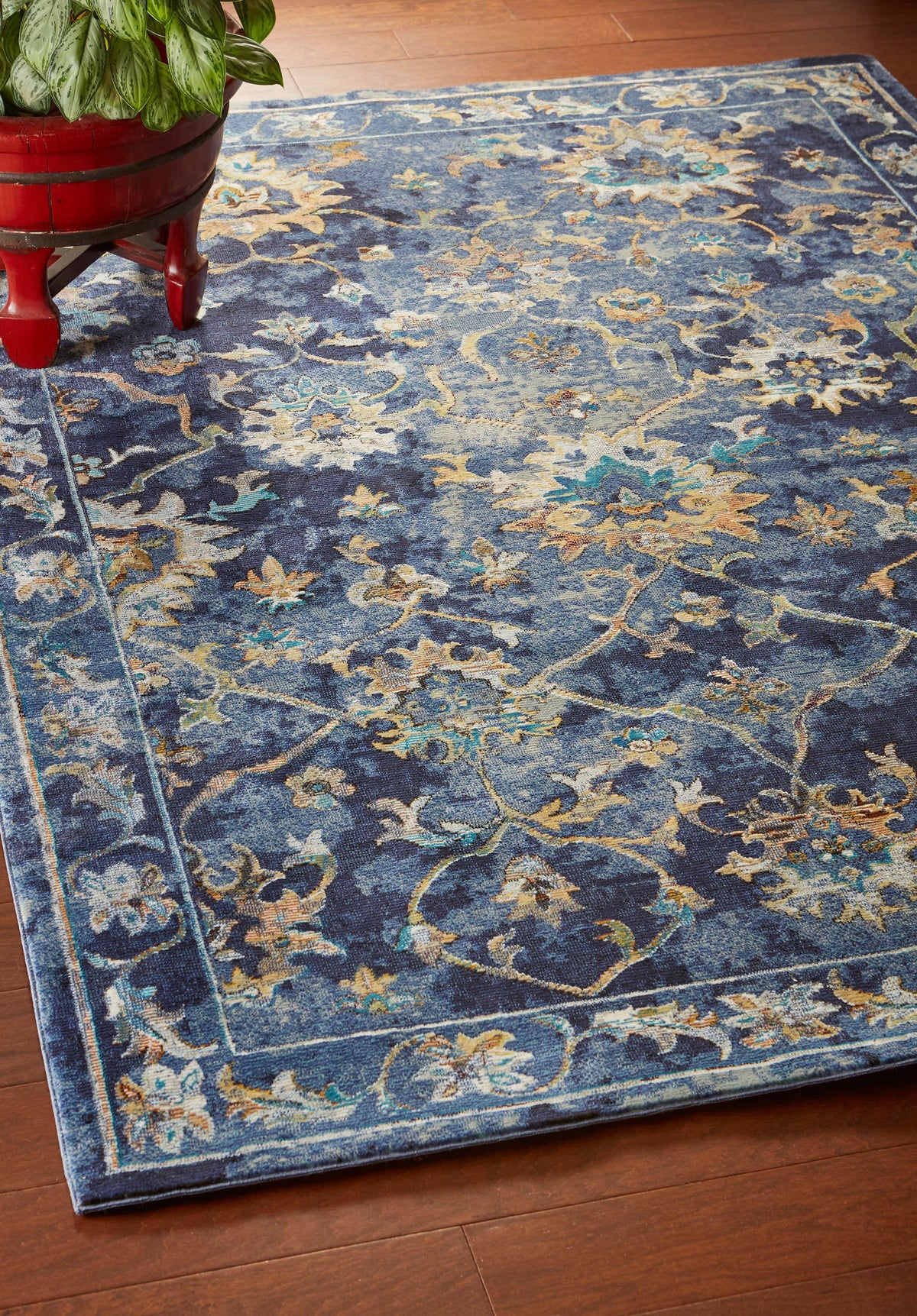 4' X 6' Blue and Gold Jacobean Area Rug