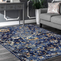 4' X 6' Blue and Gold Jacobean Area Rug