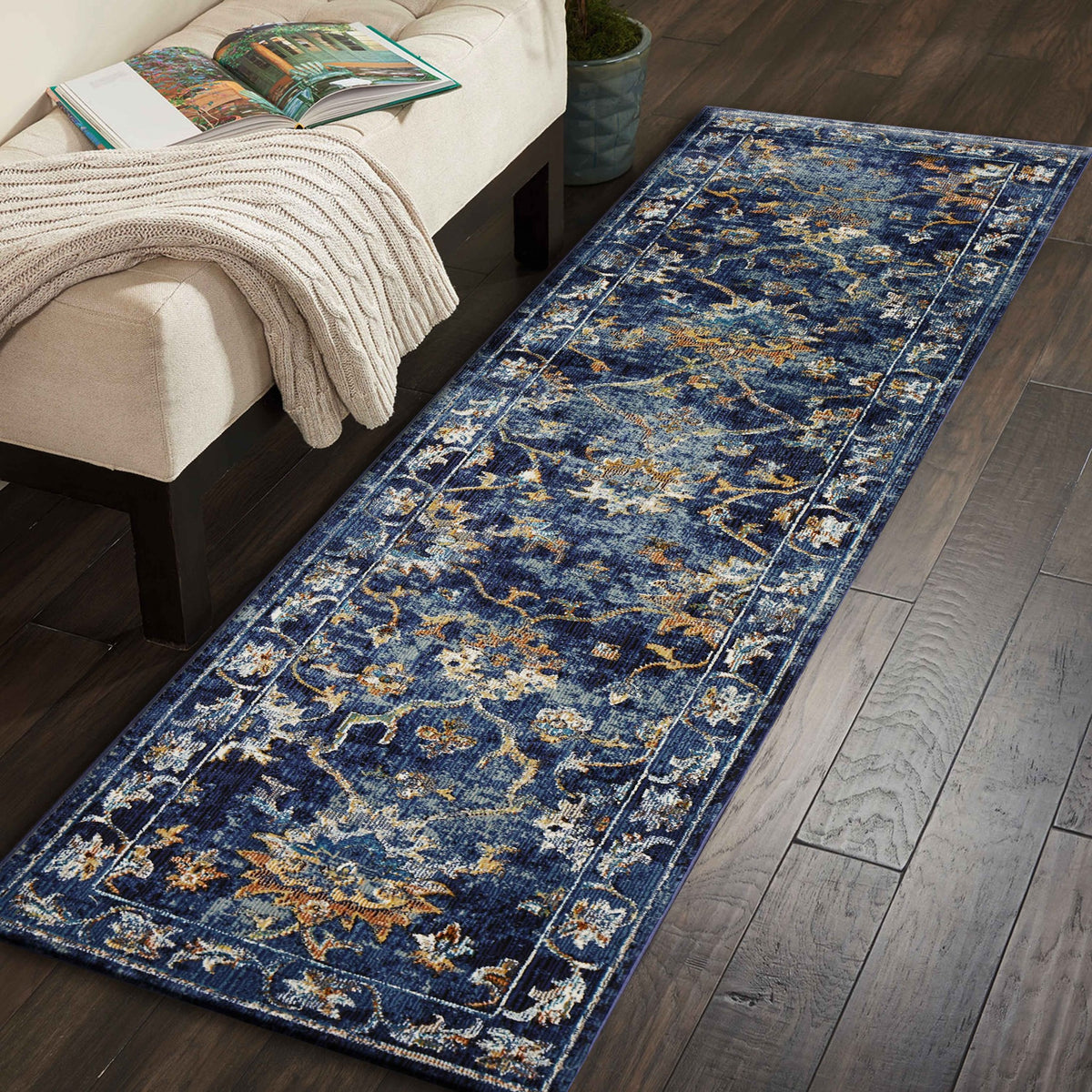 4' X 6' Blue and Gold Jacobean Area Rug