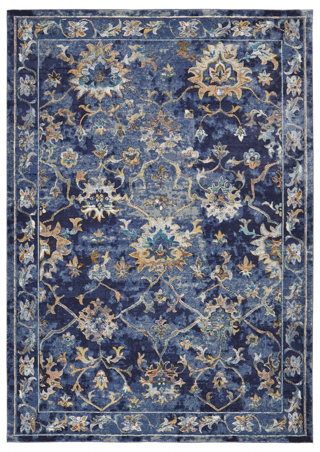 4' X 6' Blue and Gold Jacobean Area Rug