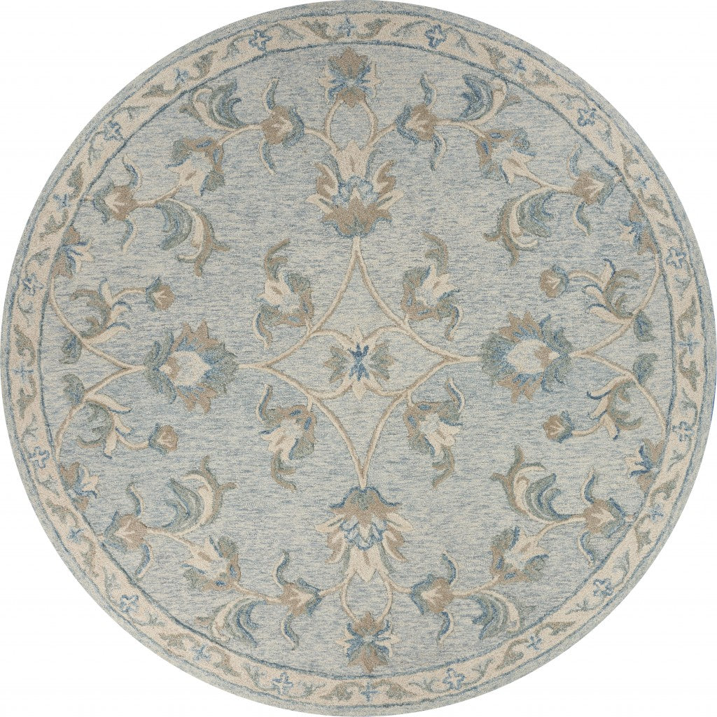 7' Blue And Ivory Round Wool Hand Tufted Area Rug