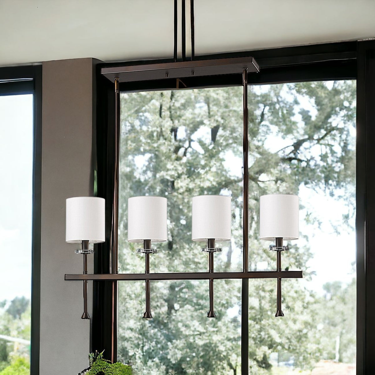 Kara 4-Light Oil-Rubbed Bronze Island Pendant With Fabric Shades And Crystal Bobeches