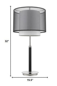 32" Silver Metal Column Table Lamp With Black And White Drum Shade