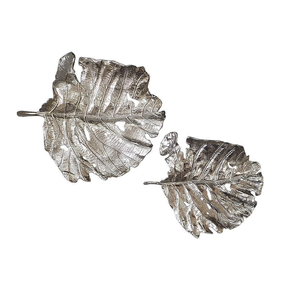 Set of 2 Shiny Silver Leaves Wall Art