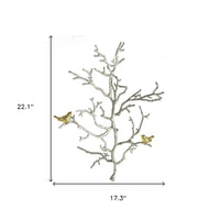 Modern 22" Silver Branch and Golden Birds Wall Art