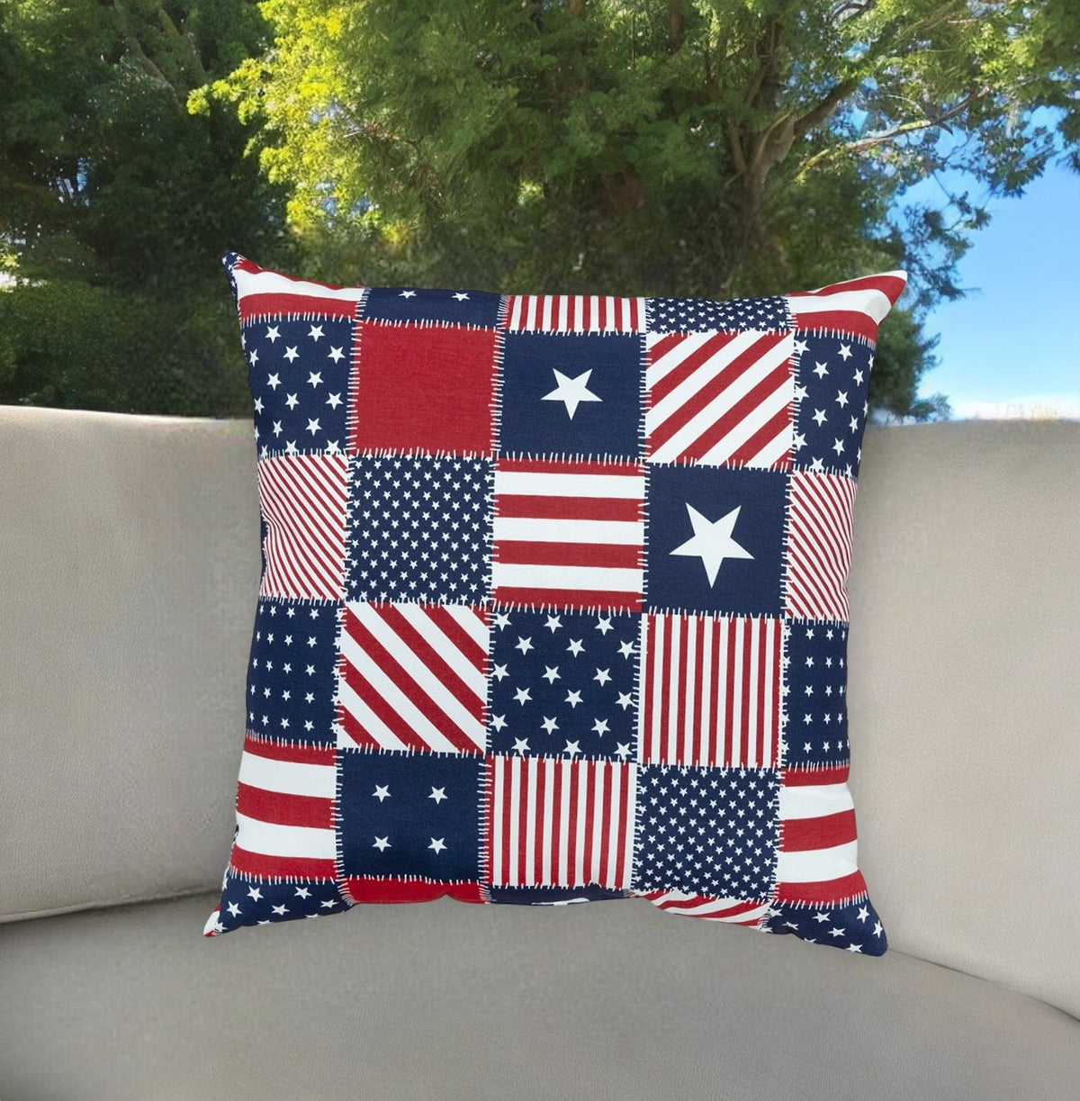 Red White and Blue Patchwork Independence Day Indoor Outdoor Throw Pillow