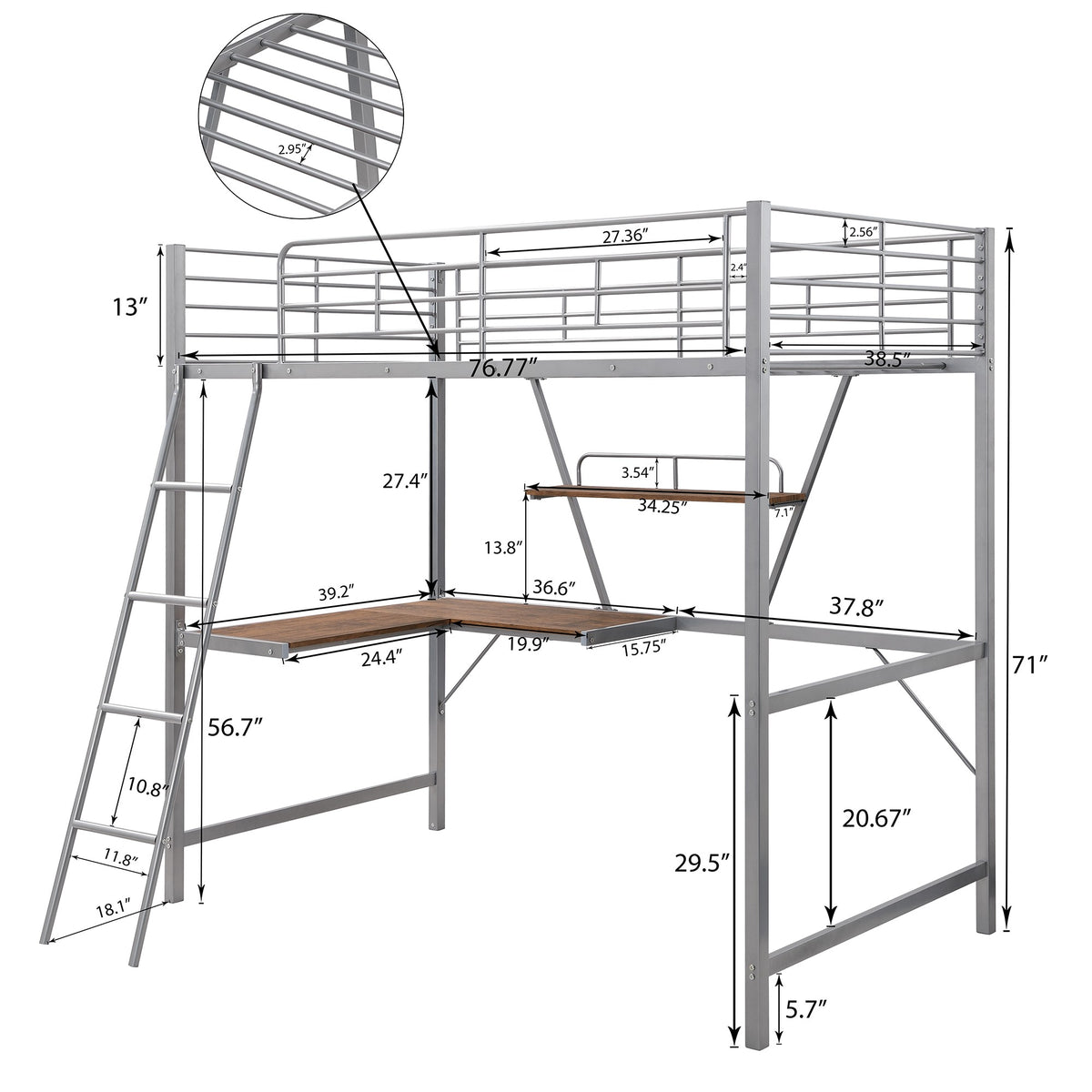 Silver Metal Loft Bed with L Shaped Desk and Shelf