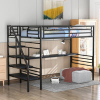 Mod Black Twin Size Metal Loft Bed with Desk and Stairs