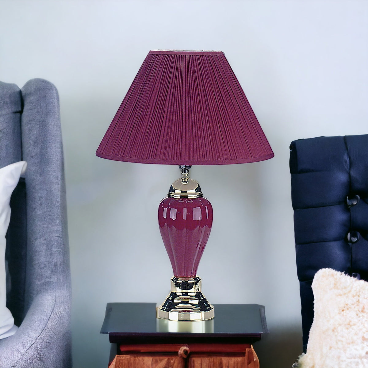 27" Silver Ceramic Bedside Table Lamp With Magenta Empire Shade