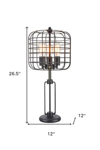 27" Black Metal Industrial Cage Design Three Light Table Lamp