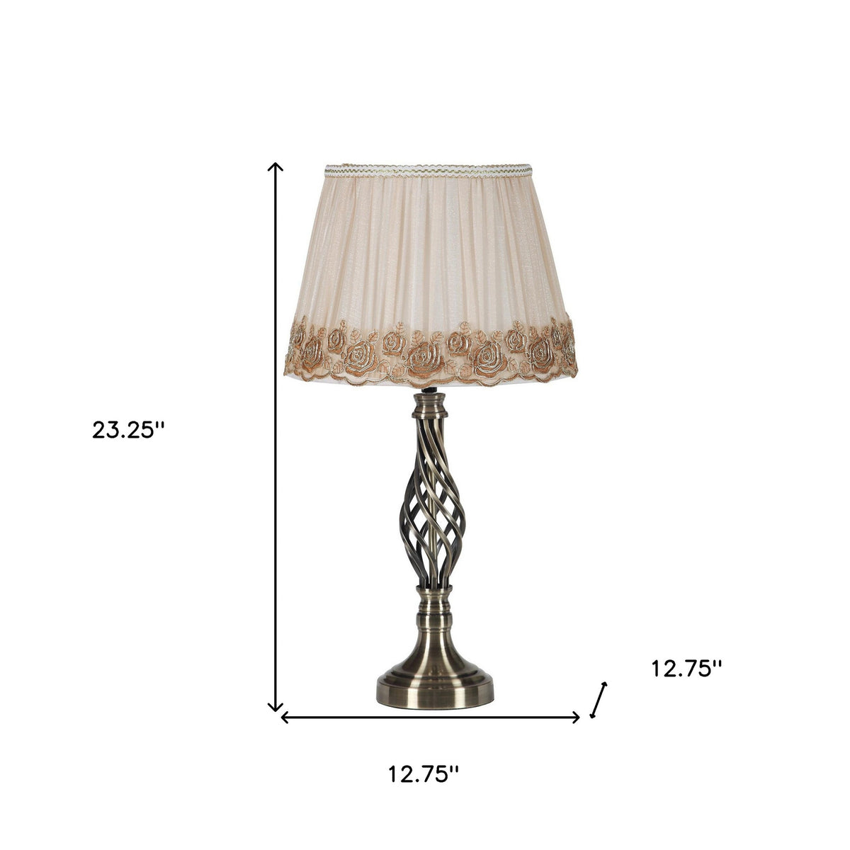 23" Antiqued Brass Metal Table Lamp With White And Brown Classic Empire Shade