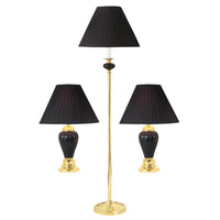 Set Of Three 64" Gold Ceramic Bedside Floor and Table Lamp Set With Black Empire Shade