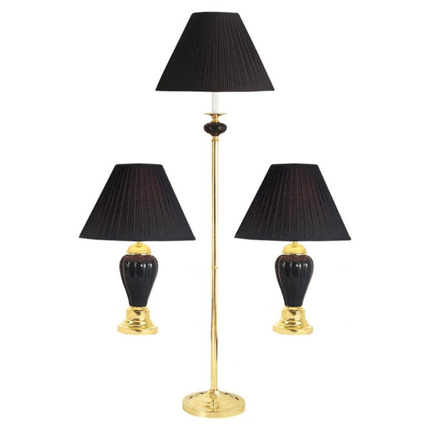 Set Of Three 64" Gold Ceramic Bedside Floor and Table Lamp Set With Black Empire Shade