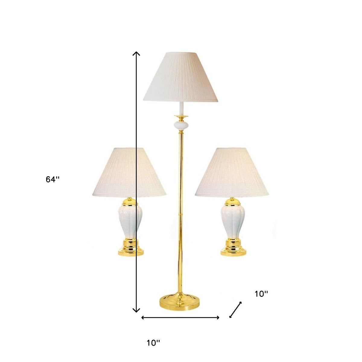 Set Of Three 64" Gold Ceramic Bedside Floor and Table Lamp Set With Black Empire Shade