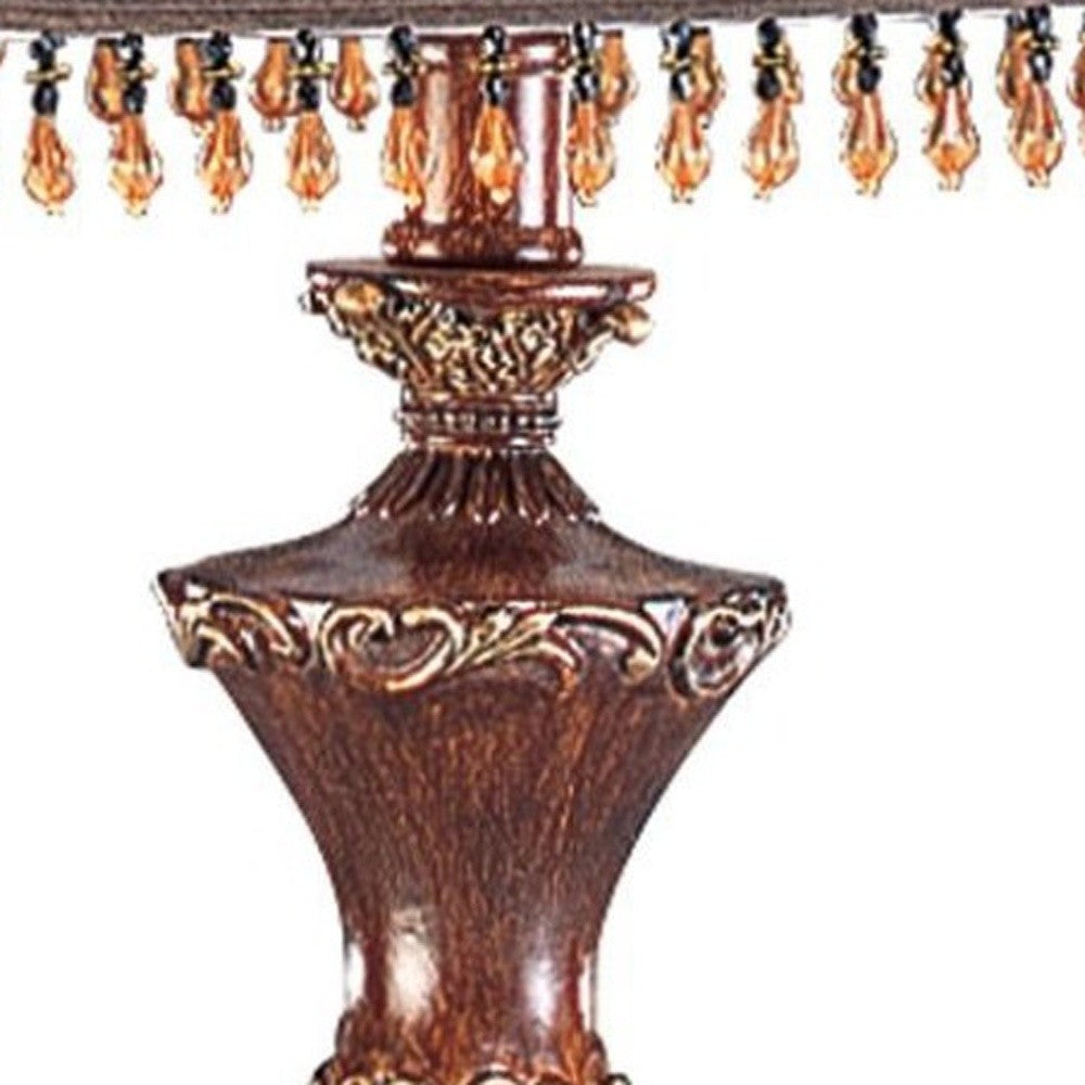 30" Bronze Polyresin Table Lamp With Brown Bell Shade with Hanging Beads