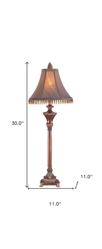 30" Bronze Polyresin Table Lamp With Brown Bell Shade with Hanging Beads