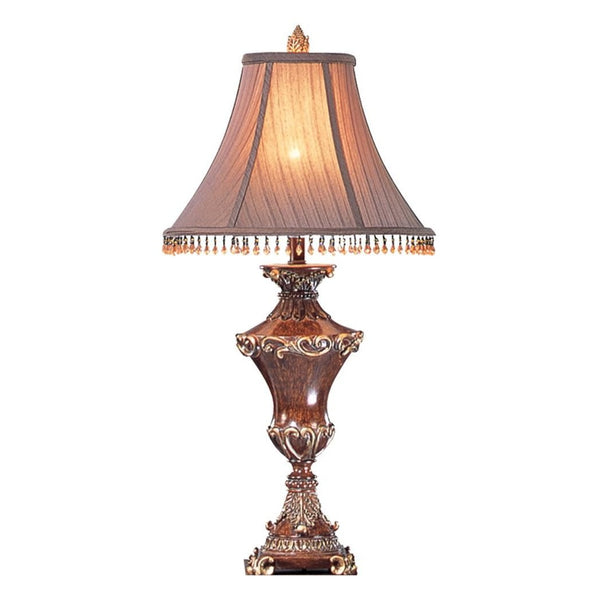 32" Bronze Urn Table Lamp With Brown Bell Shade and Hanging Beads