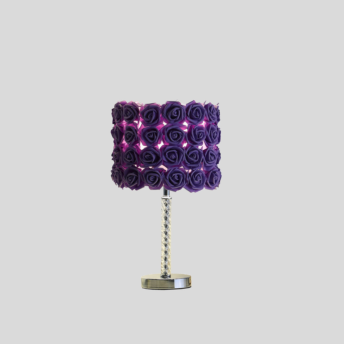 18" Silver Bedside Table Lamp With Purple Flowers Drum Shade