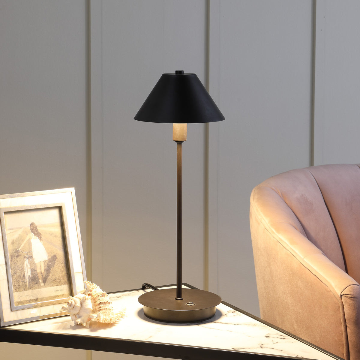 18" Black Metal Bedside Table Lamp With Black Cone Shade