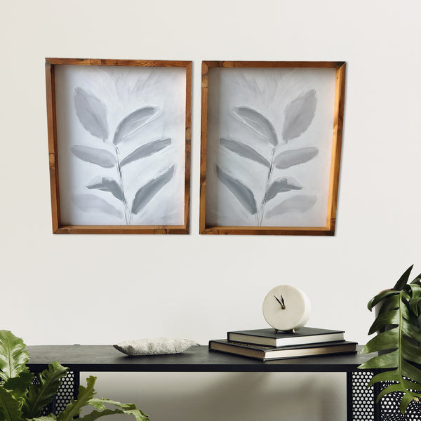 Set Of Two Modern Blue Gray Leaves Framed Canvas Wall Art Brown Picture Frame Print Wall Art