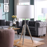 34" Silver Metal Adjustable Tripod Table Lamp With White Round Shade