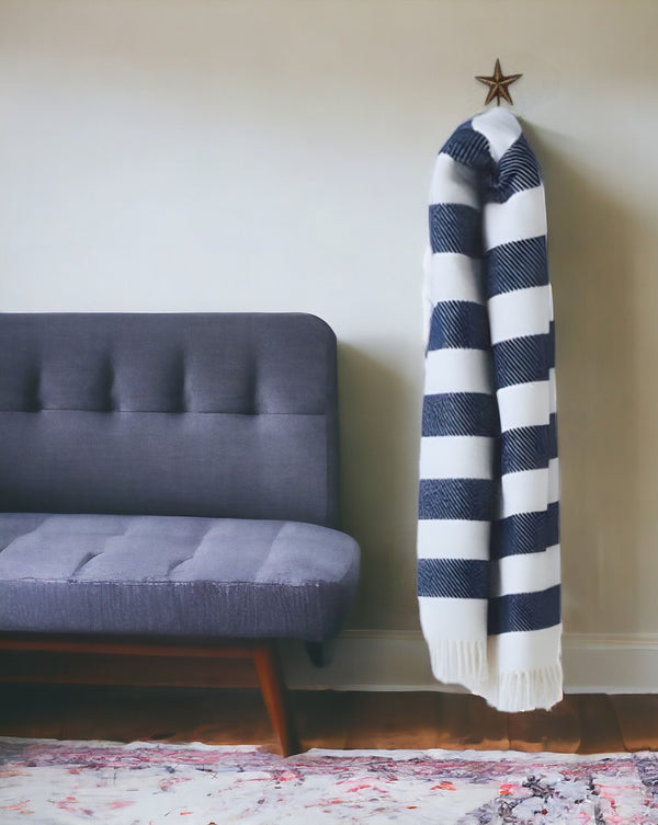 Cream and Navy Blue Slanted Stripe Fringed Throw Blanket