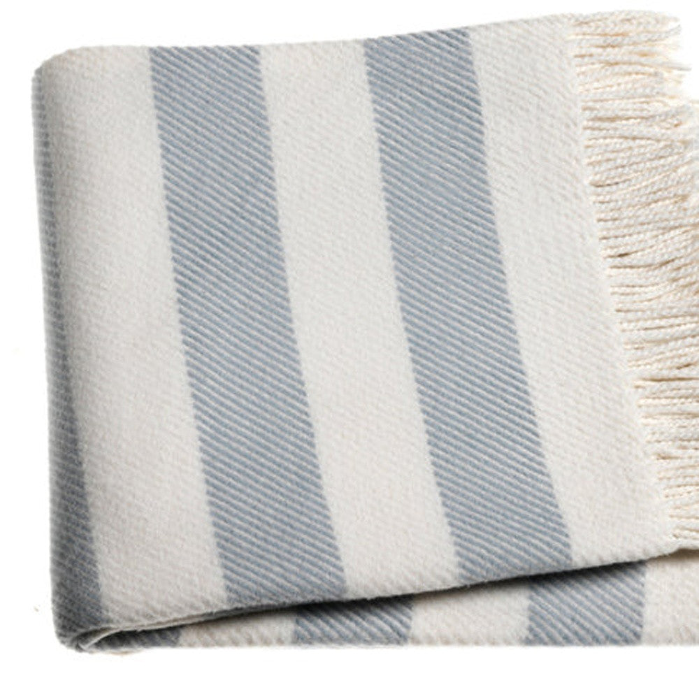 Cream and Sky Blue Slanted Stripe Fringed Throw Blanket