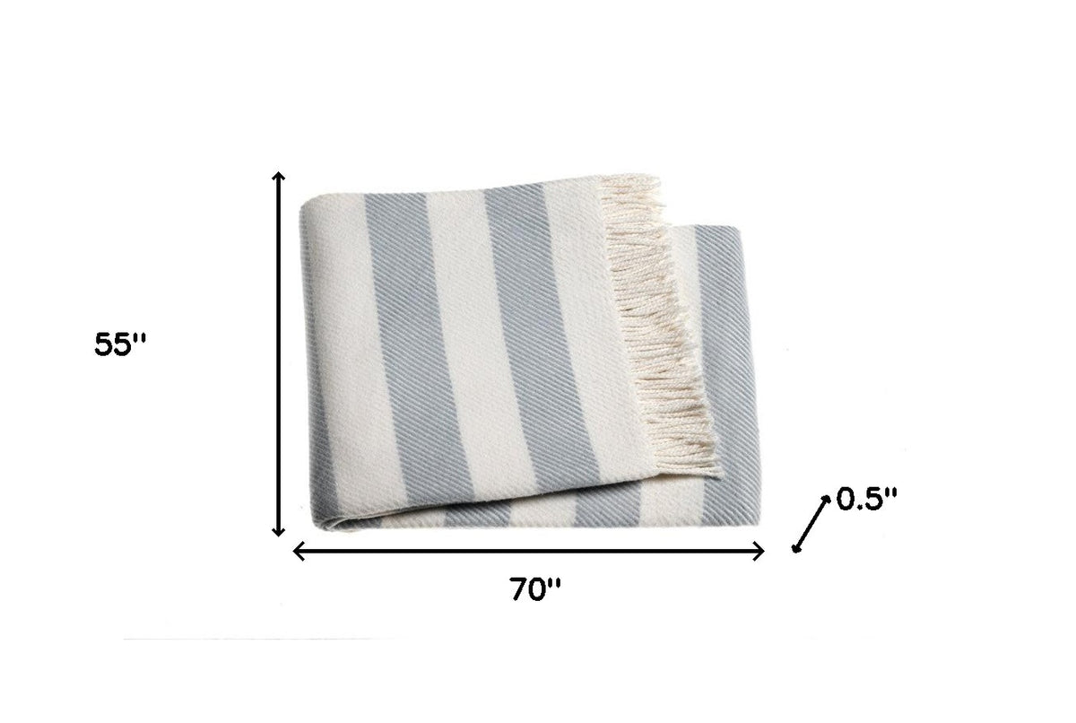 Cream and Sky Blue Slanted Stripe Fringed Throw Blanket