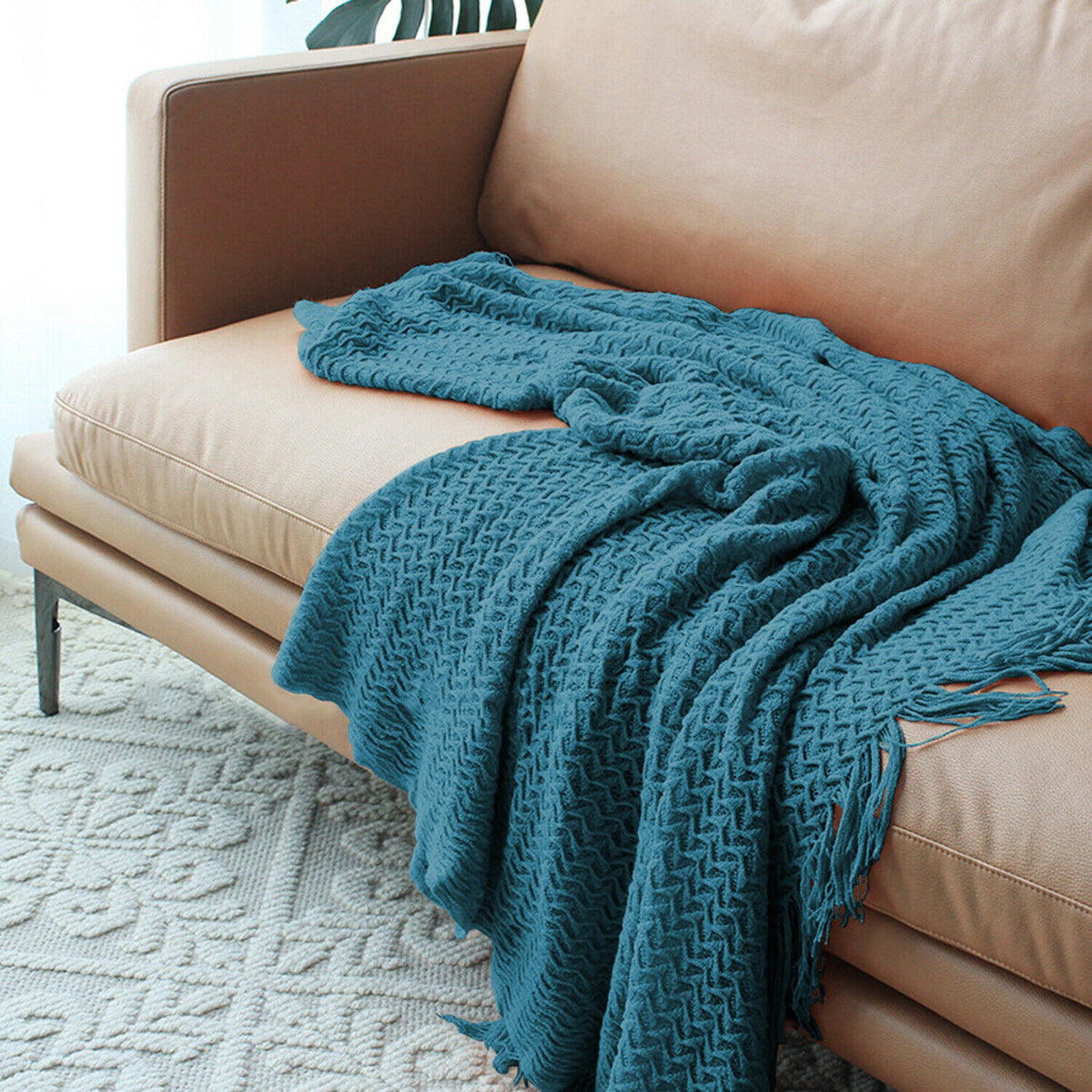 Blue Knitted Acrylic Gingham Reversable Twin Blanket