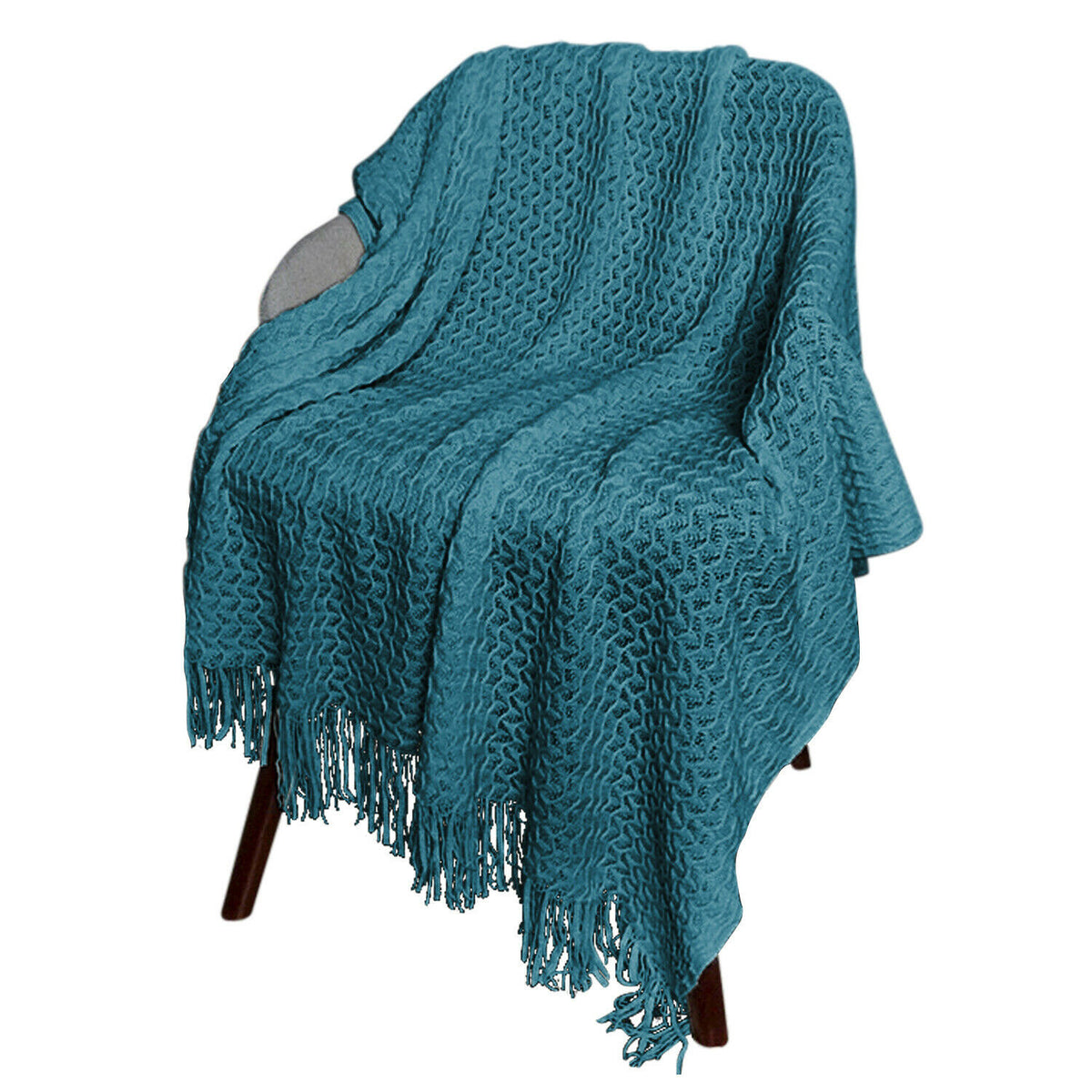 Blue Knitted Acrylic Gingham Reversable Twin Blanket