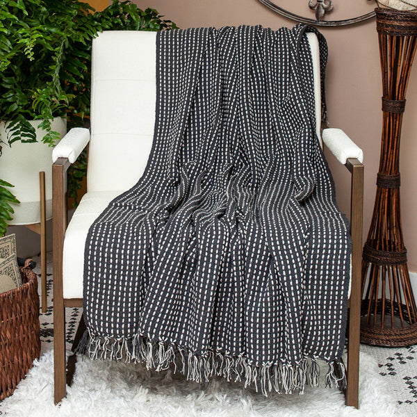 67" X 52" Black and White Woven Cotton Striped Throw Blanket with Tassels