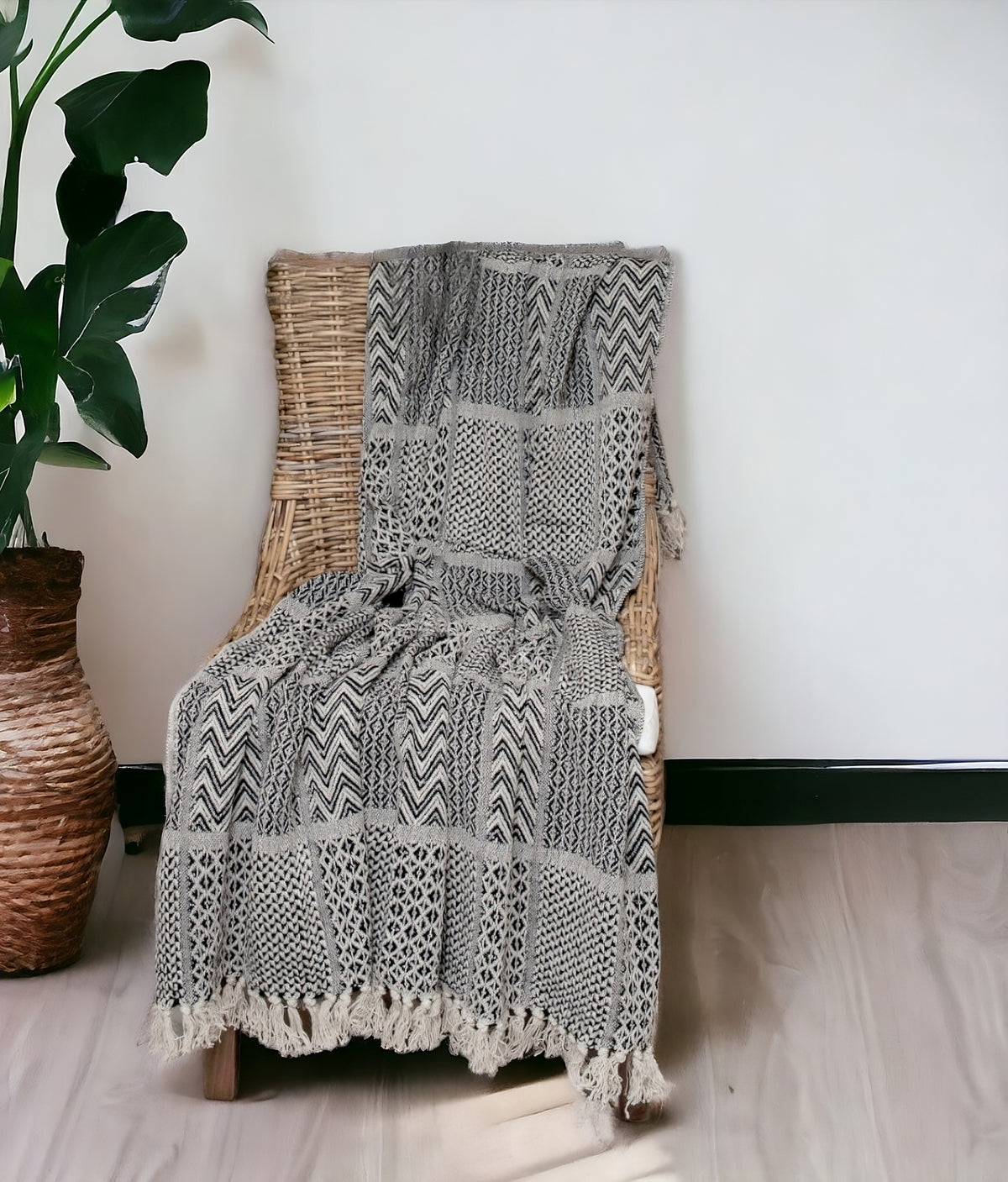 Beige and Black Multi Pattern Woven Handloom Throw Blanket