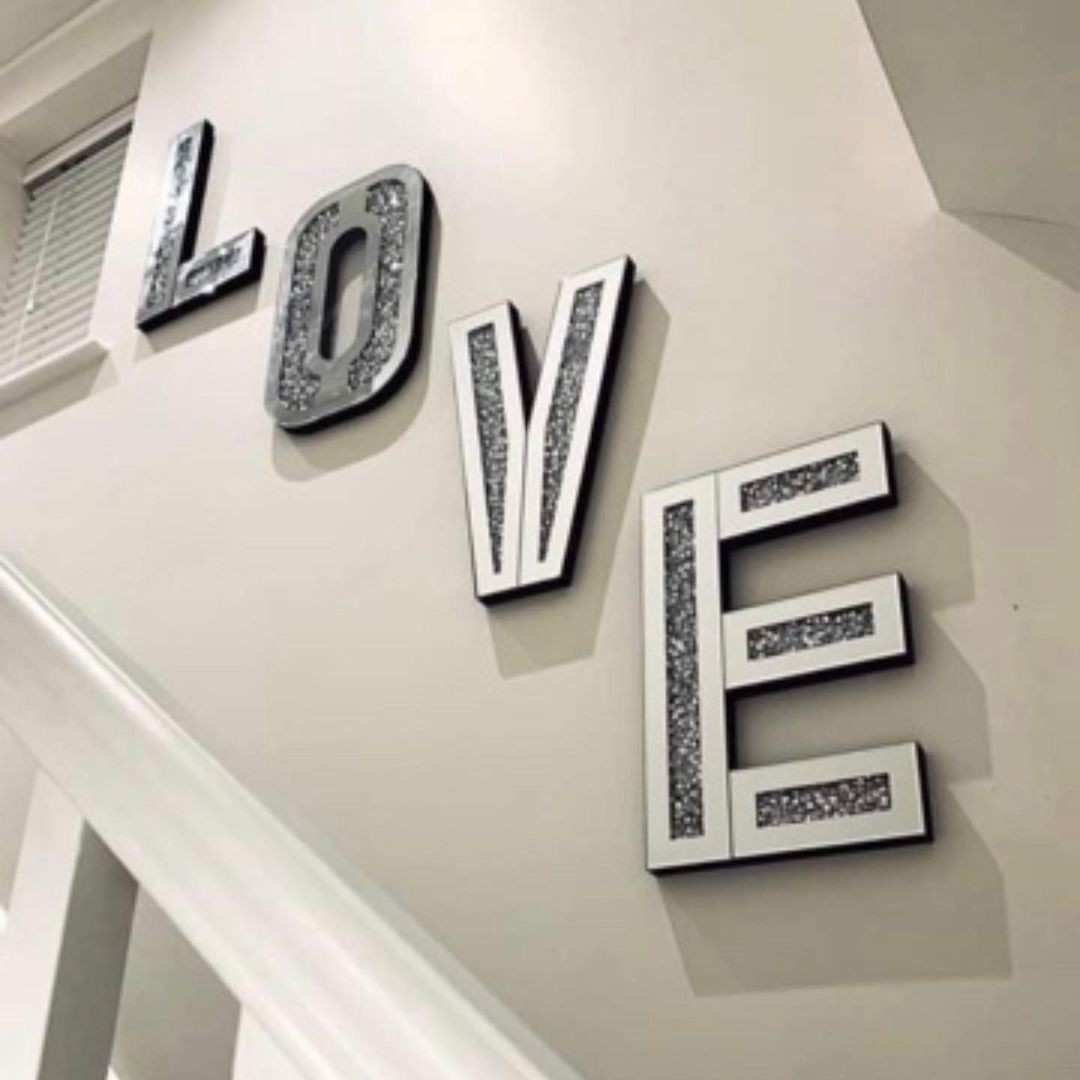 Silver Mirrored Mosaic Crystal Bling LOVE Wall Decor