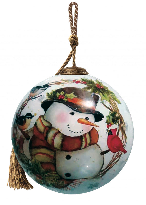 Winter Wreath Forest Snowman Hand Painted Mouth Blown Glass Ornament