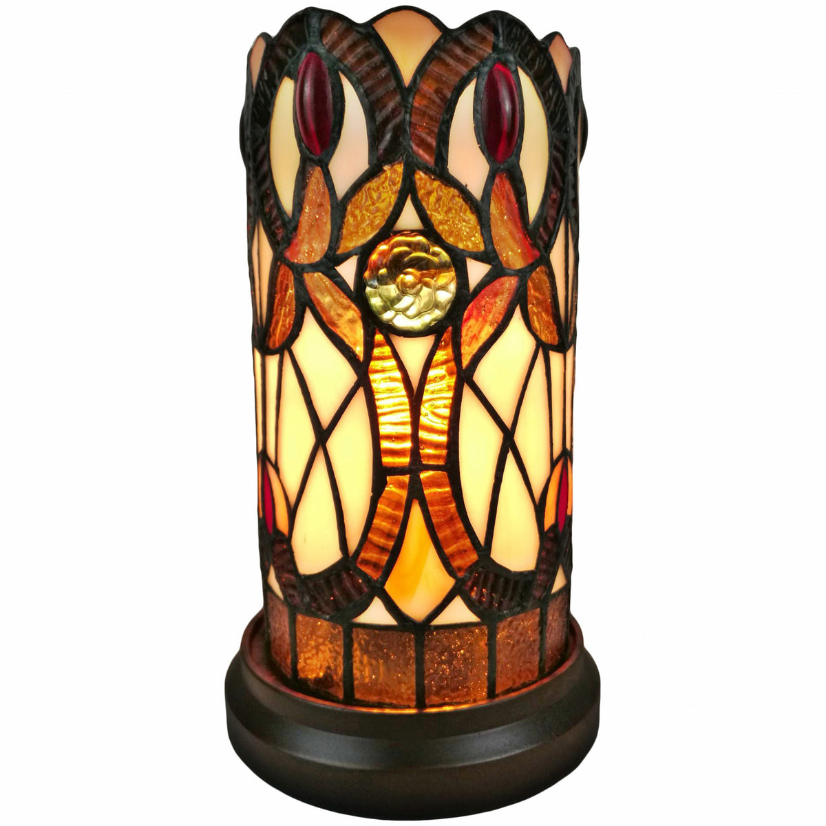 11" Ivory and Brown Geometric Floral Stained Glass Accent Lamp