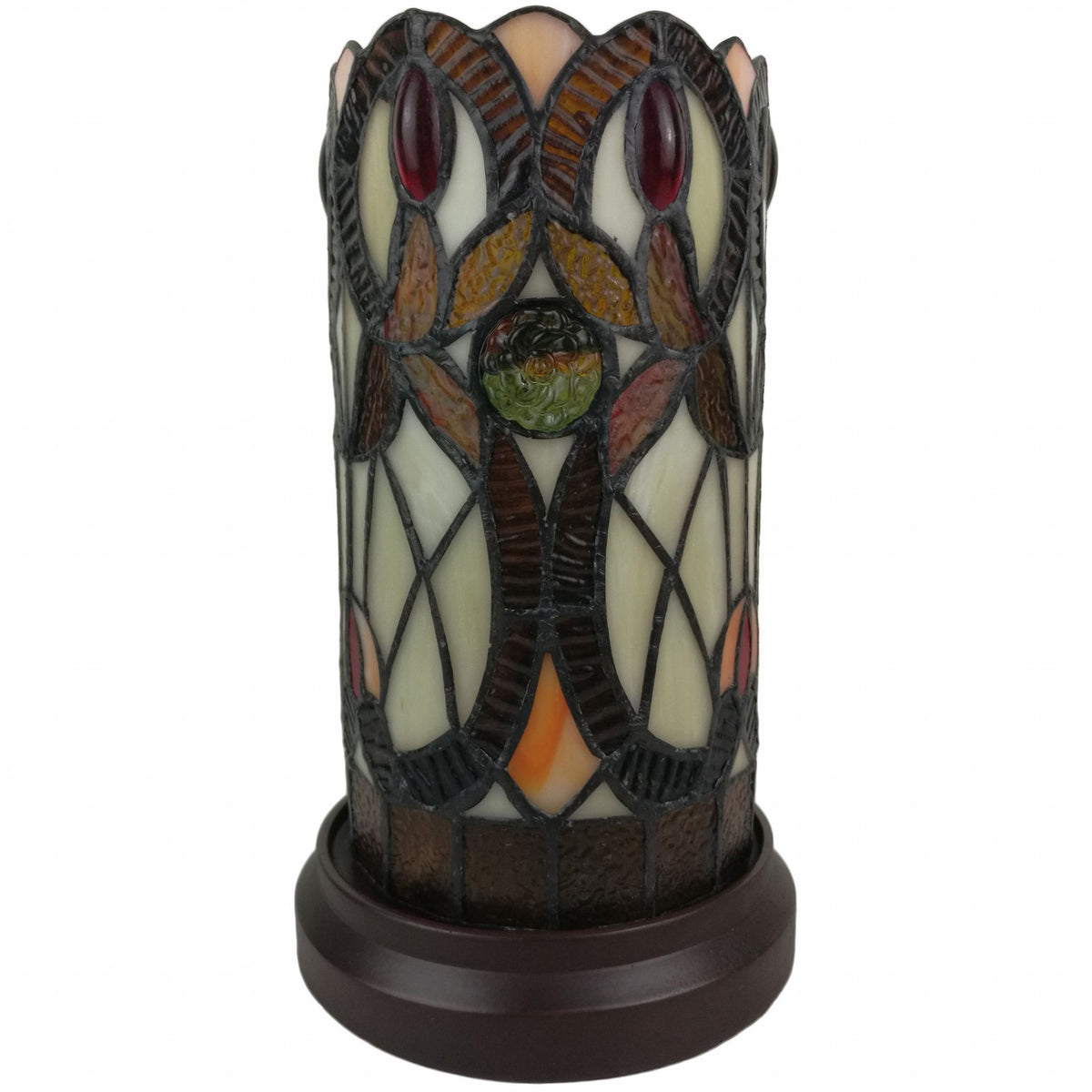 11" Ivory and Brown Geometric Floral Stained Glass Accent Lamp