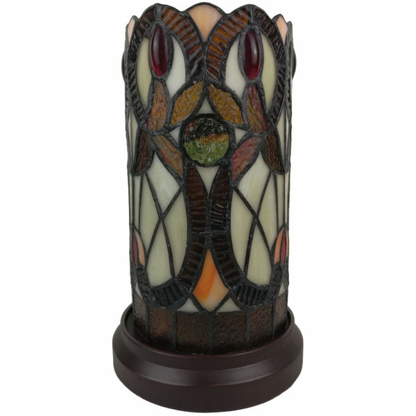 11" Ivory and Brown Geometric Floral Stained Glass Accent Lamp