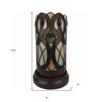 11" Ivory and Brown Geometric Floral Stained Glass Accent Lamp