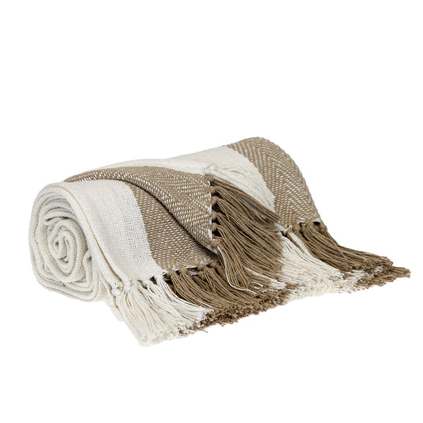 Beige Woven Cotton Striped Throw Blanket