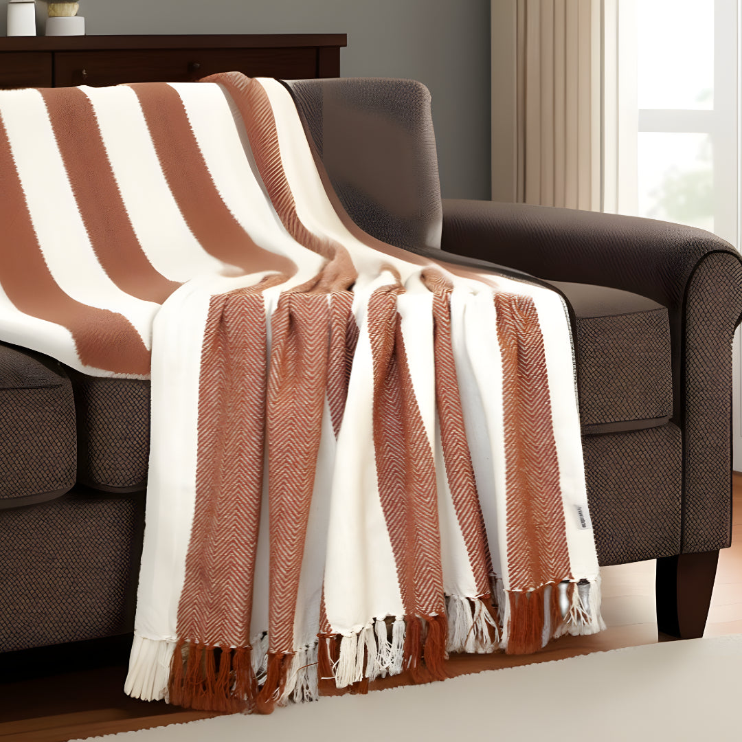 Burnt Orange Woven Cotton Striped Throw Blanket