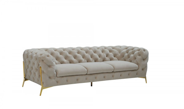 97" Beige Velvet Sofa With Gold Legs