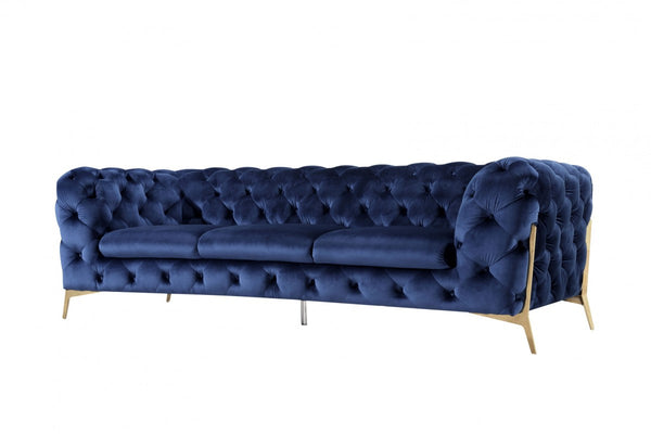 97" Blue Velvet Sofa With Gold Legs