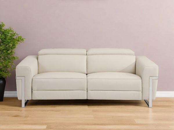 83" Beige Italian Leather USB Sofa With Silver Legs