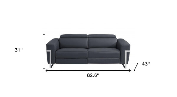 83" Dark Gray Italian Leather USB Sofa With Silver Legs